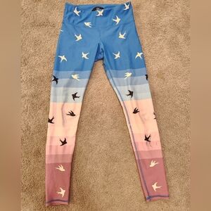 Noli Sky Blue, Pink, Purple Women's Yoga Leggings With Black & White Birds